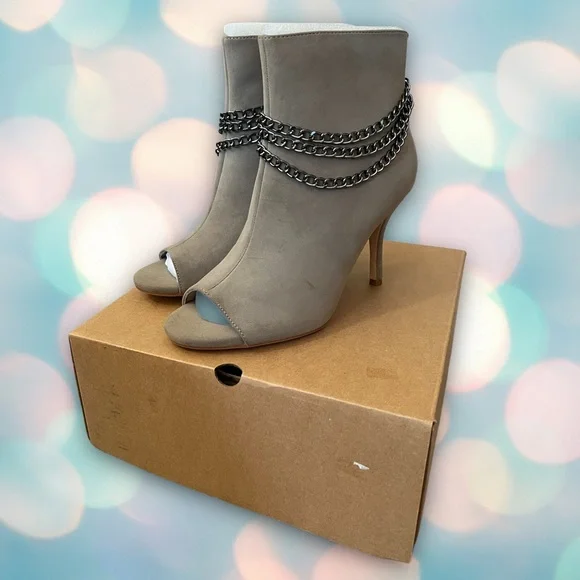 Juliet Holy Women’s Gray Beige Chain Stiletto Heel Peep Toe Ankle Boots Size 8 - Picture 4 of 7